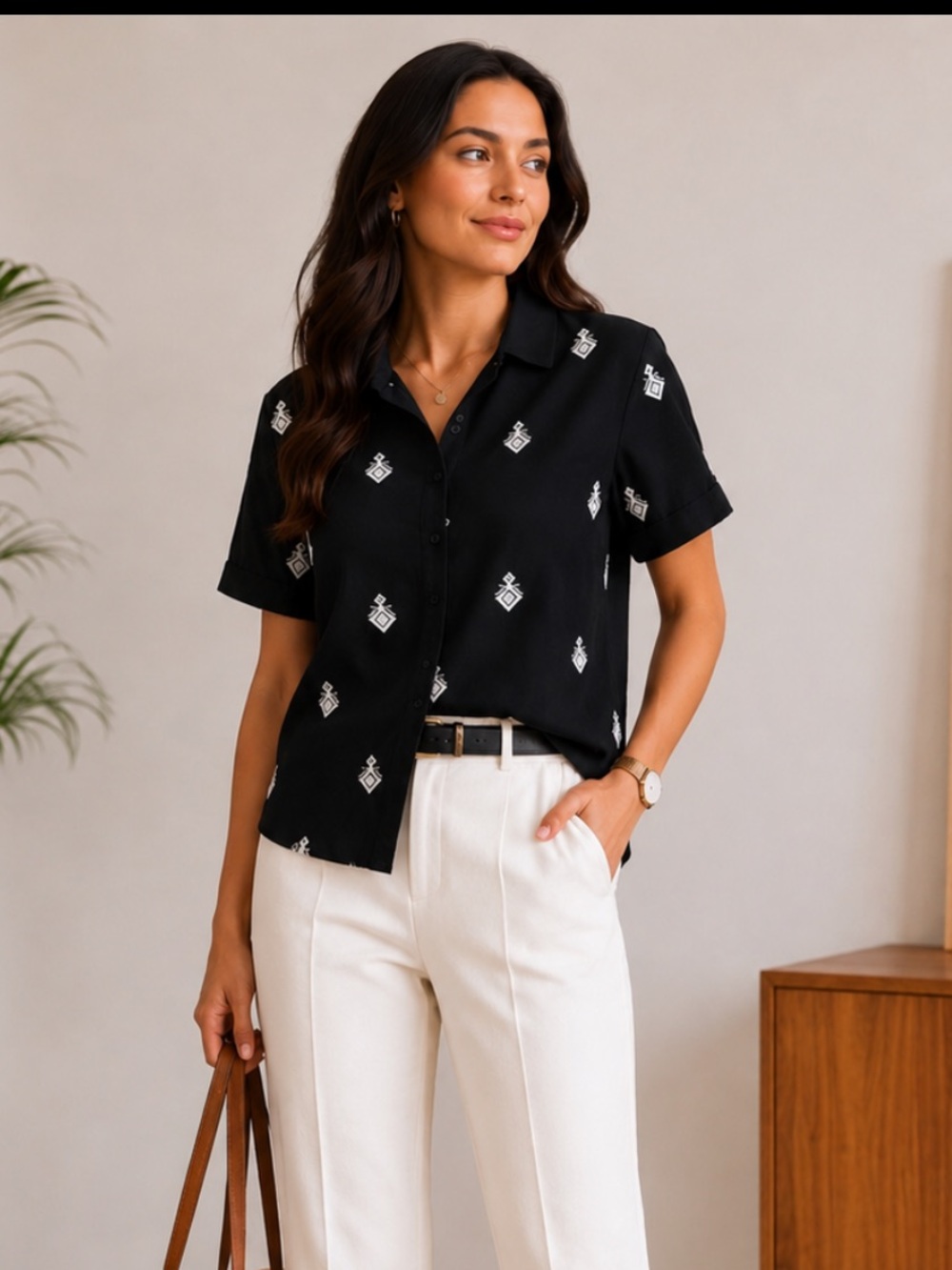 Zara linen blend Black Short-Sleeve Button-Down with White Geometric Embroidery